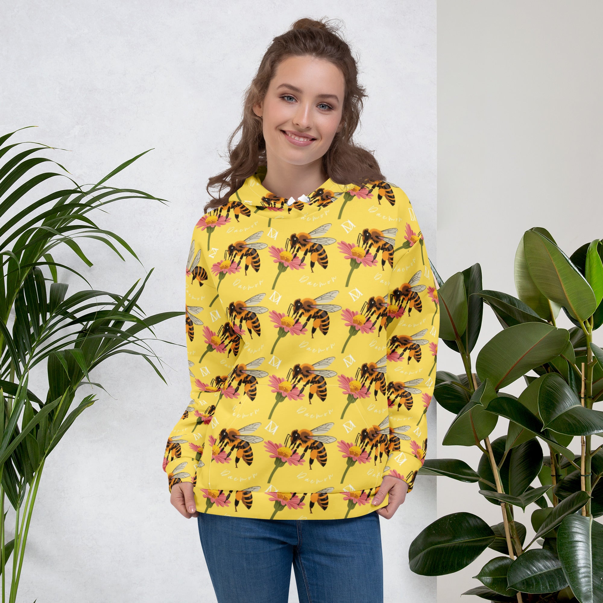 White Honeybee Shores solo star unisex hoodie with all-over print by Daemon Luxury, featuring a cozy hood and stylish design.