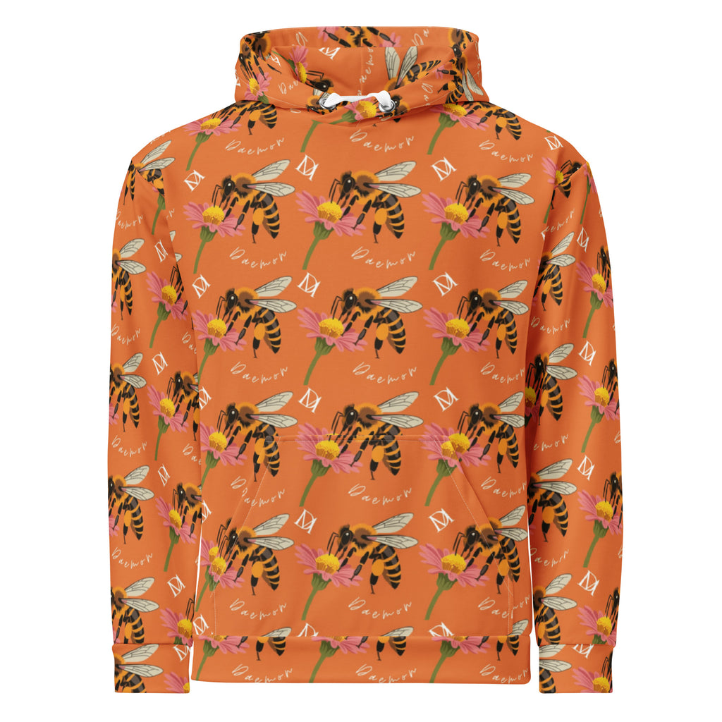 Recycled white unisex hoodie with Honeybee Shores Golden Hour all-over print by Daemon Luxury, featuring a front design and hood.