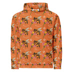 Recycled white unisex hoodie with Honeybee Shores Golden Hour all-over print by Daemon Luxury, featuring a front design and hood.