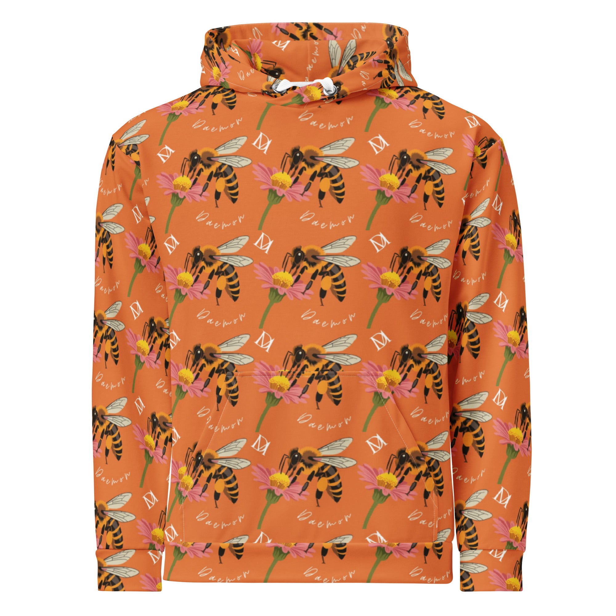 Recycled white unisex hoodie with Honeybee Shores Golden Hour all-over print by Daemon Luxury, featuring a front design and hood.