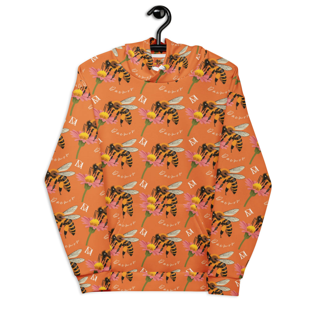 White unisex hoodie with all-over print of Honeybee Shores in golden hues by Daemon Luxury, featuring a front view.