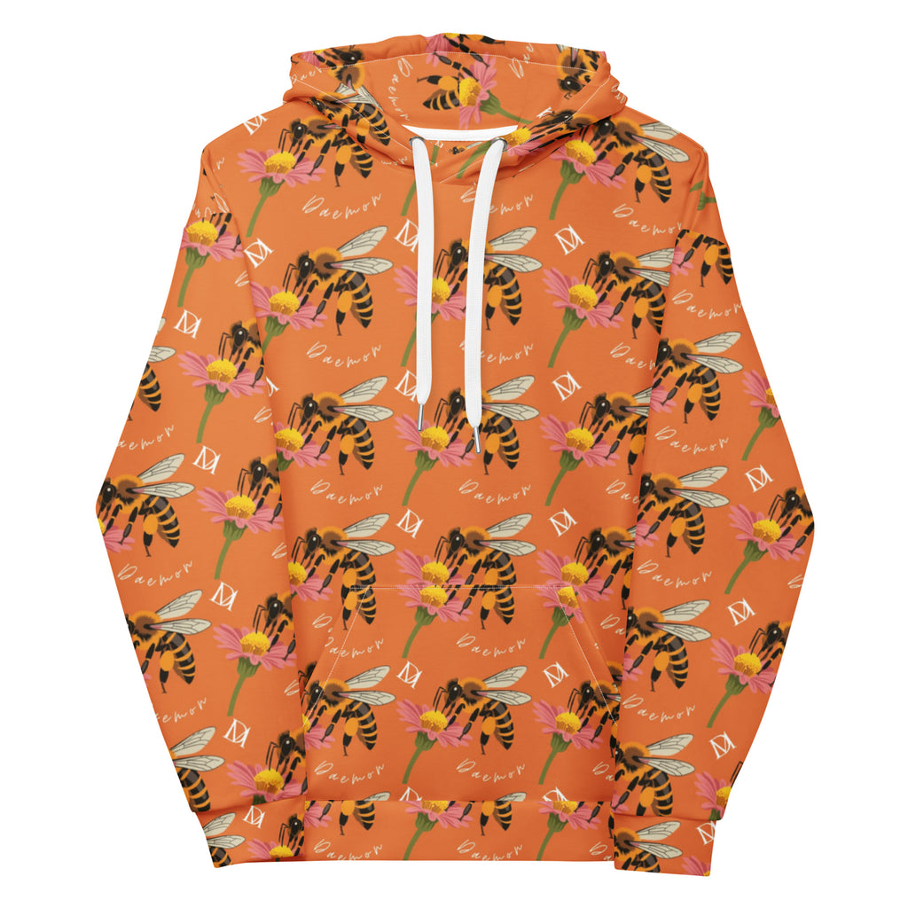 Daemon Luxury Honeybee Shores Golden Hour unisex hoodie with all-over recycled print, white front and hood.