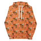 Daemon Luxury Honeybee Shores Golden Hour unisex hoodie with all-over recycled print, white front and hood.