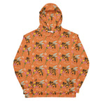 Unisex white recycled hoodie with Honeybee Shores Golden Hour all-over print, featuring a front view of Daemon Luxury sweatshirt