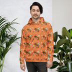 White unisex hoodie with all-over honeybee shores golden hour print from Daemon Luxury, featuring a front view and hood.