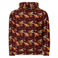 Recycled white unisex hoodie with all-over Honeybee Shores Gardena Dawn print by Daemon Luxury, front view.