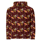 Recycled white unisex hoodie with all-over Honeybee Shores Gardena Dawn print by Daemon Luxury, front view.