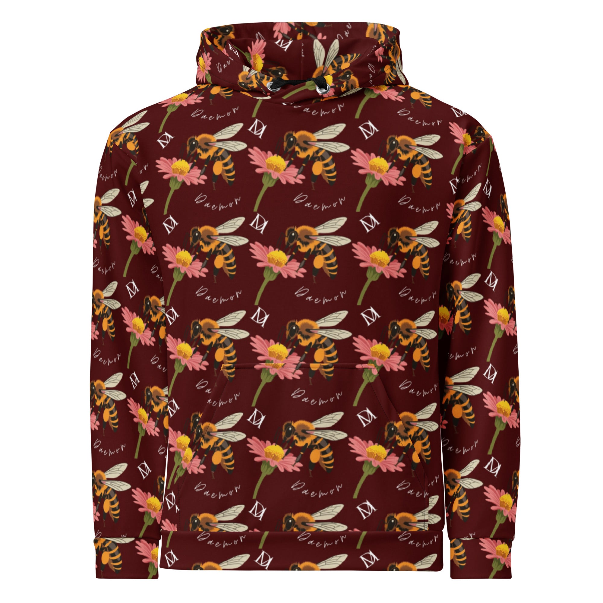 Recycled white unisex hoodie with all-over Honeybee Shores Gardena Dawn print by Daemon Luxury, front view.