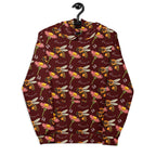Recycled white unisex hoodie with Honeybee Shores Gardena Dawn all-over print by Daemon Luxury, front view.
