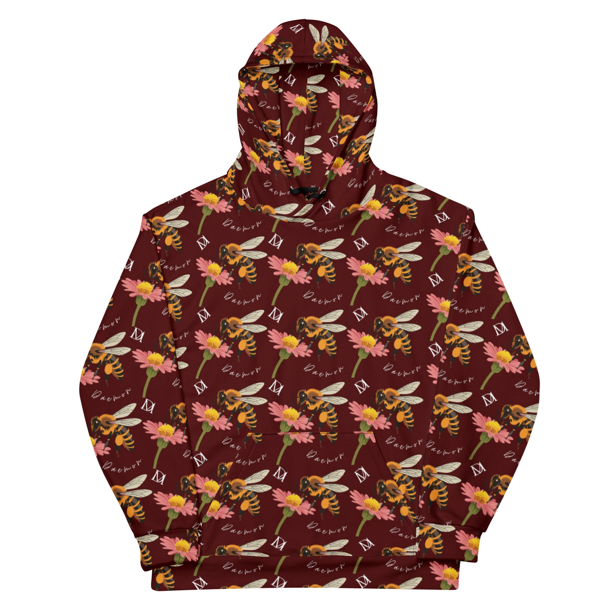 Daemon Luxury Honeybee Shores Gardena Dawn unisex hoodie with white all-over print, featuring a stylish hooded design.