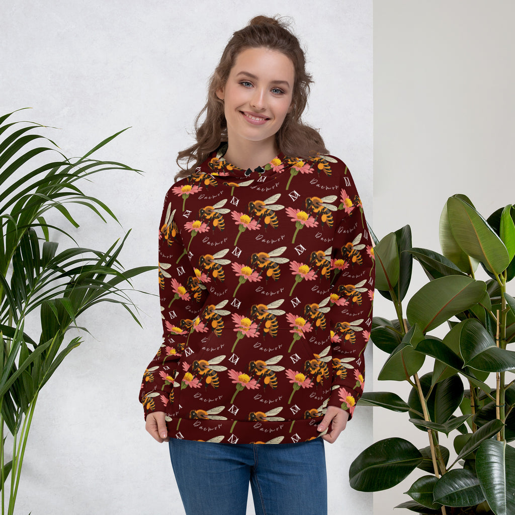 Daemon Luxury Honeybee Shores Gardena Dawn unisex hoodie with all-over print, white recycled fabric, front view