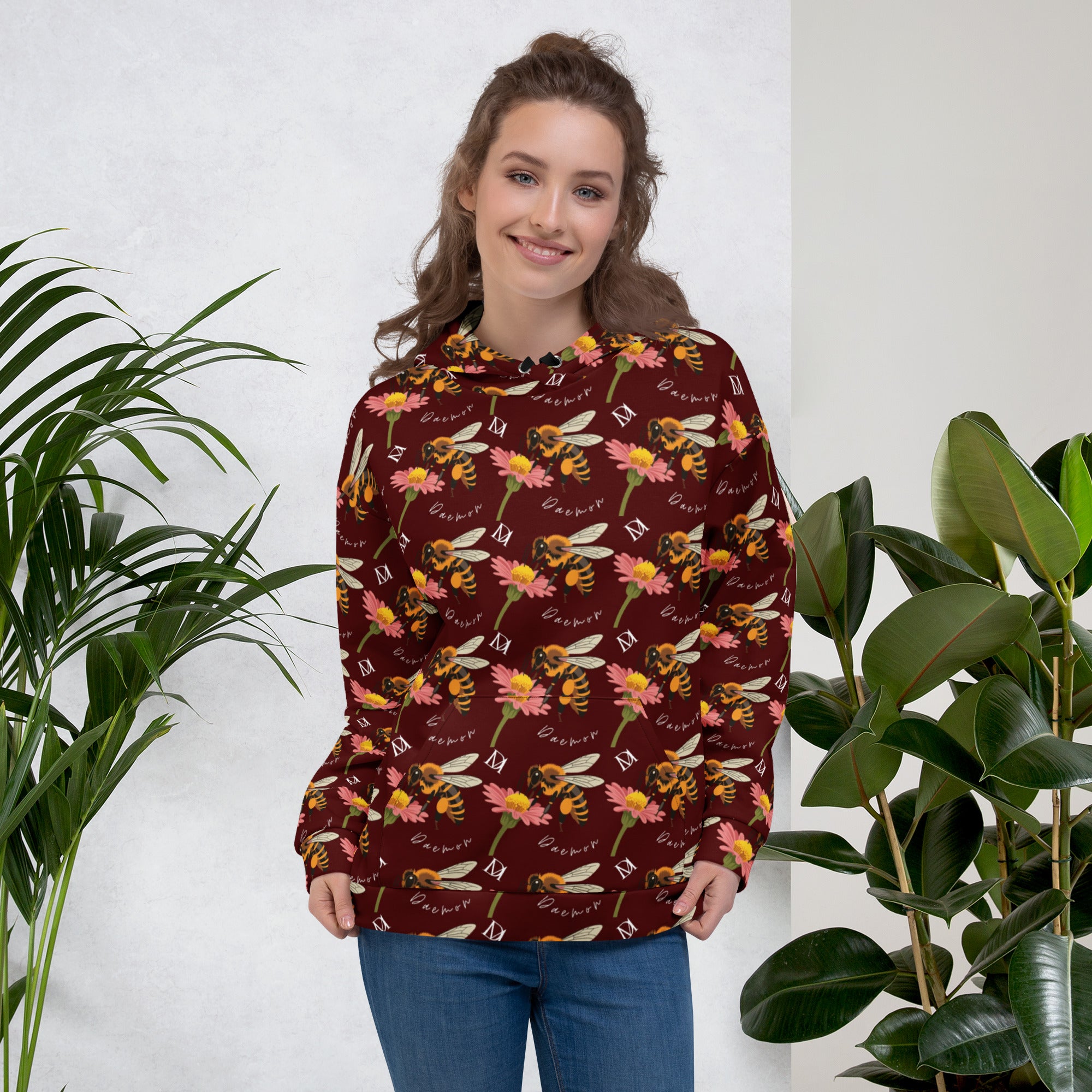 Daemon Luxury Honeybee Shores Gardena Dawn unisex hoodie with all-over print, white recycled fabric, front view