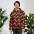 Daemon Luxury Honeybee Shores Gardena Dawn unisex hoodie with all-over print, white recycled fabric, front view.
