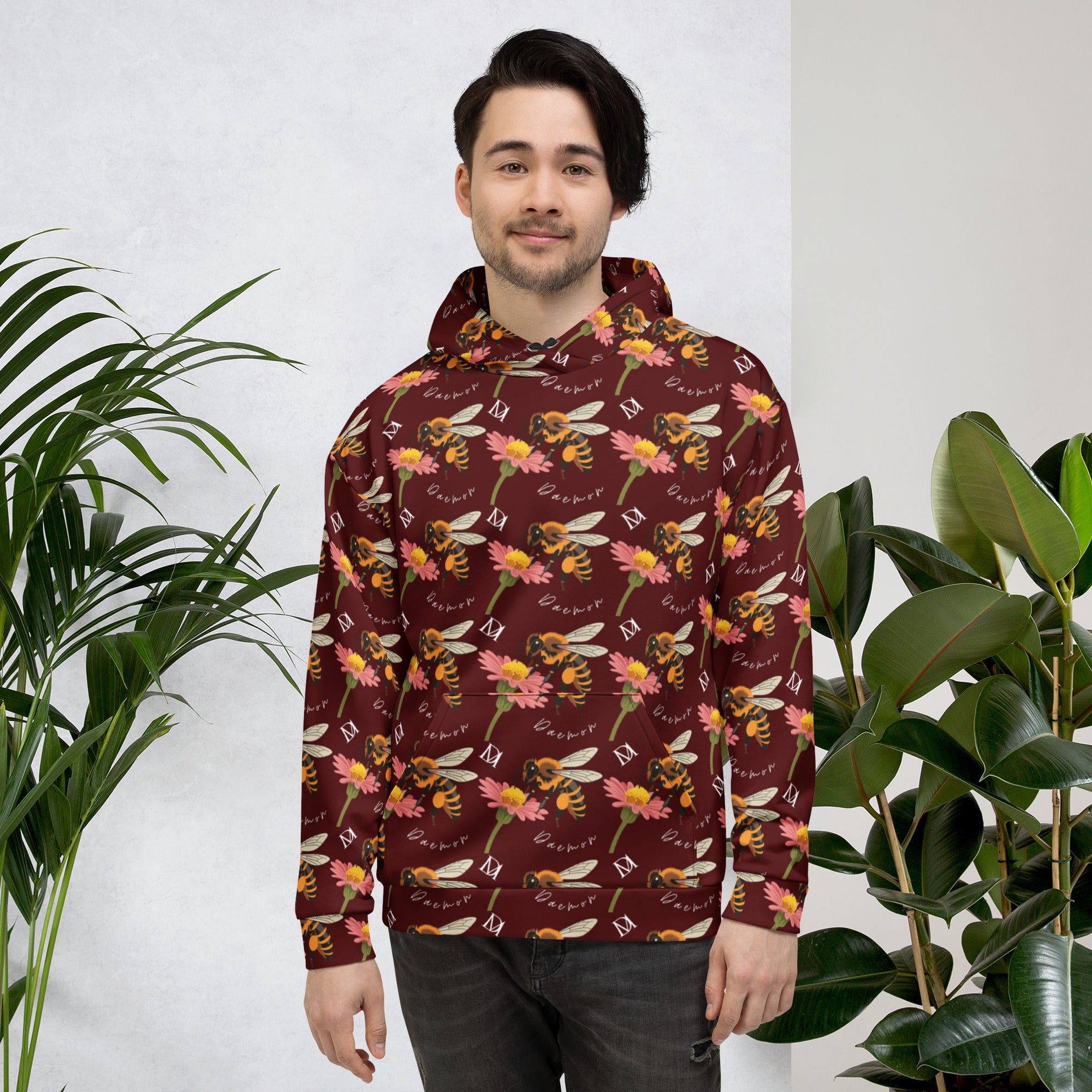 Daemon Luxury Honeybee Shores Gardena Dawn unisex hoodie with all-over print, white recycled fabric, front view.