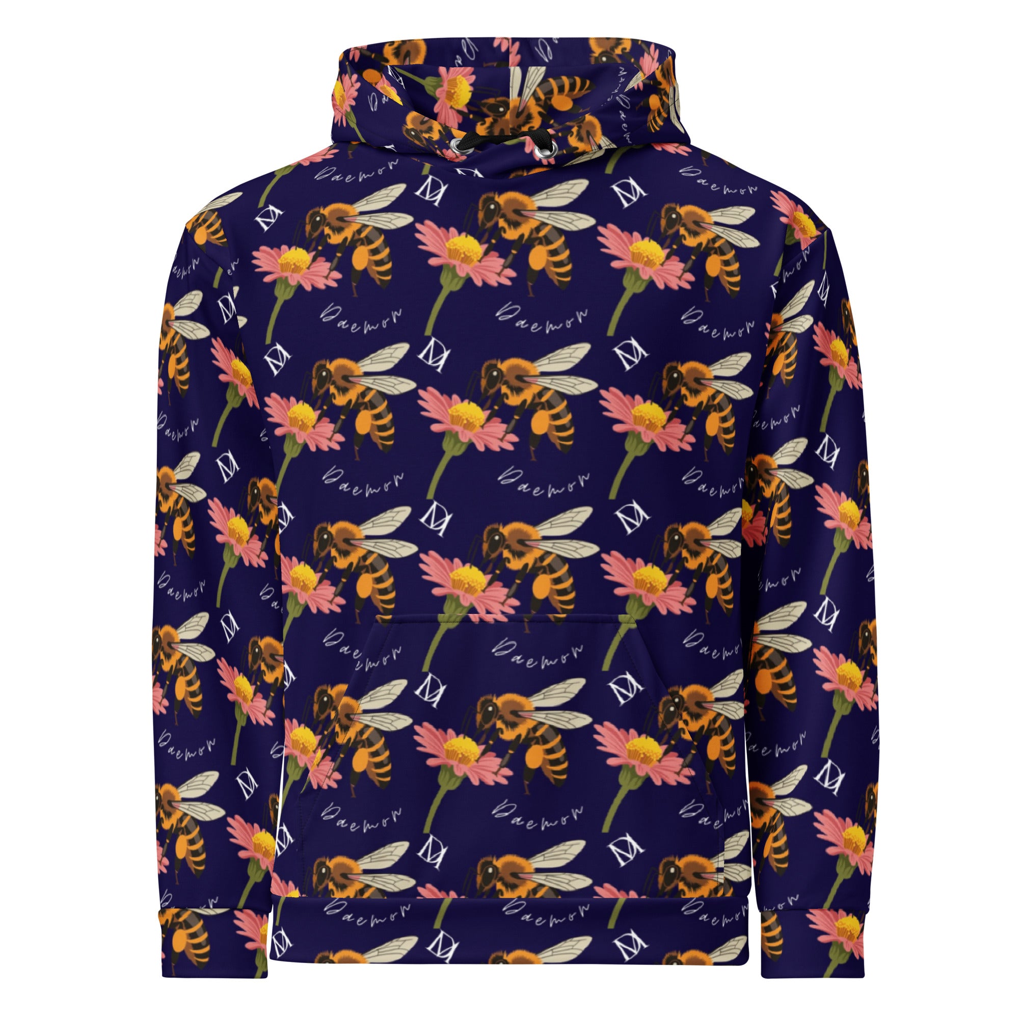 Daemon Luxury Honeybee Shores Gardena Oceanic unisex hoodie with all-over ocean-themed print, white fabric, front view.