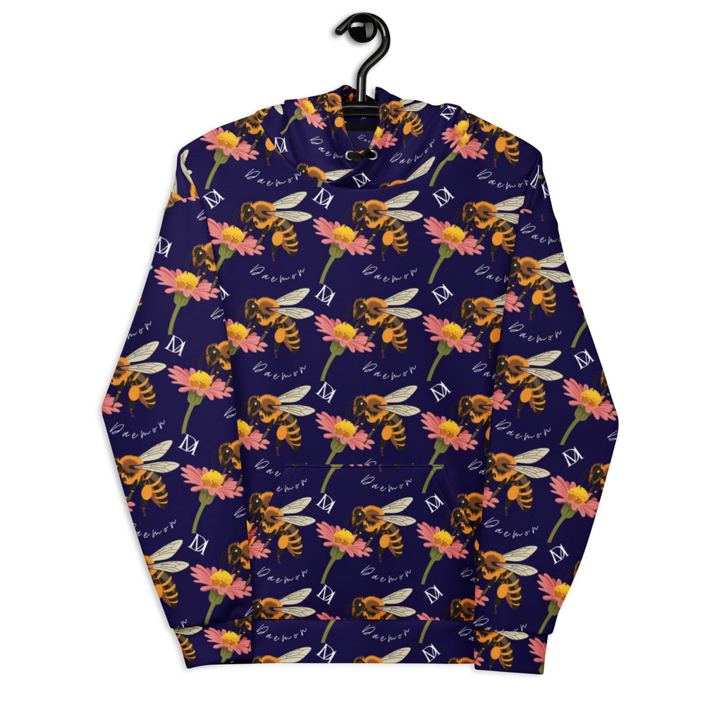 White recycled unisex hoodie with all-over Oceanic Honeybee Shores print and hood, by Daemon Luxury.