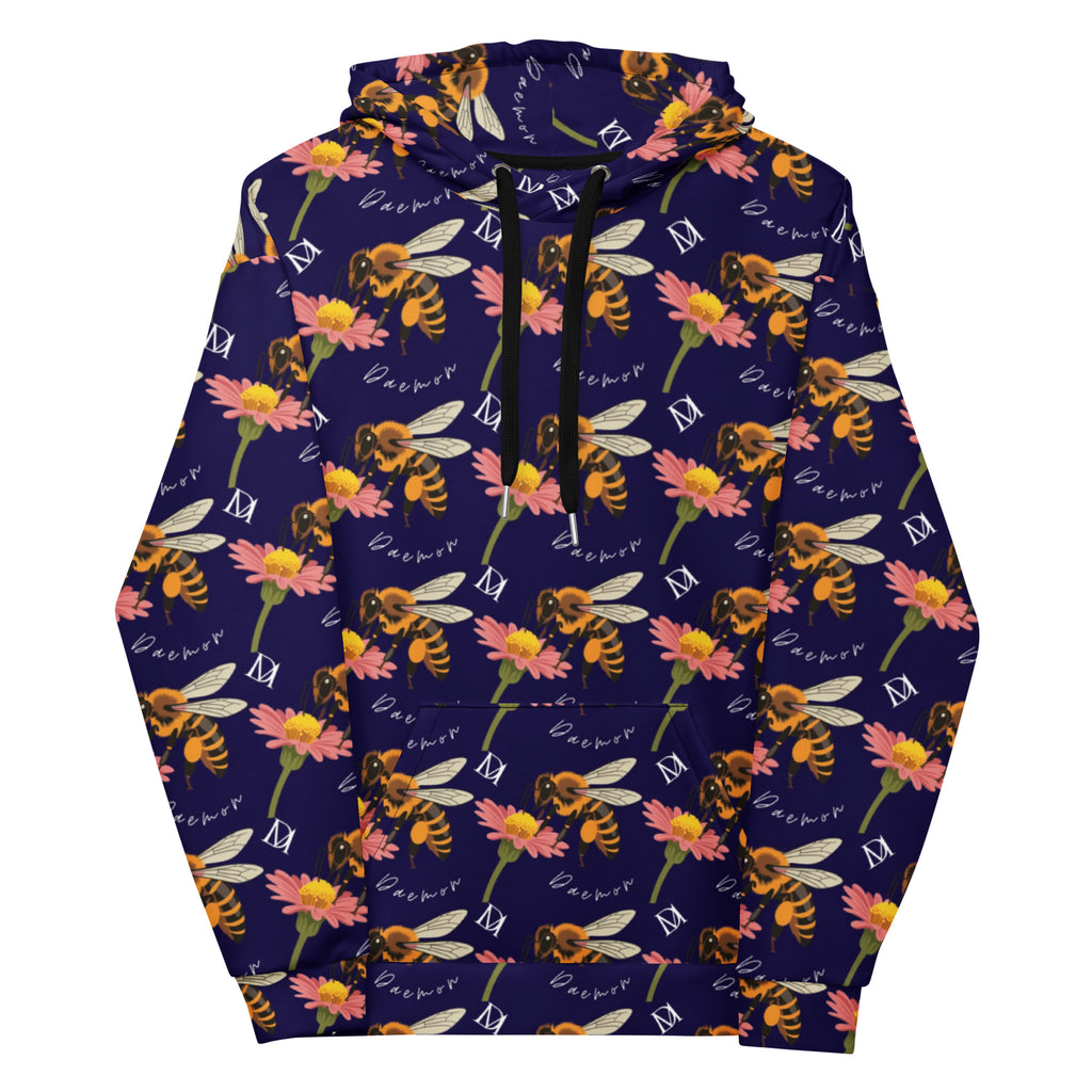 Daemon Luxury Honeybee Shores Gardena Oceanic unisex hoodie with all-over white recycled print front view