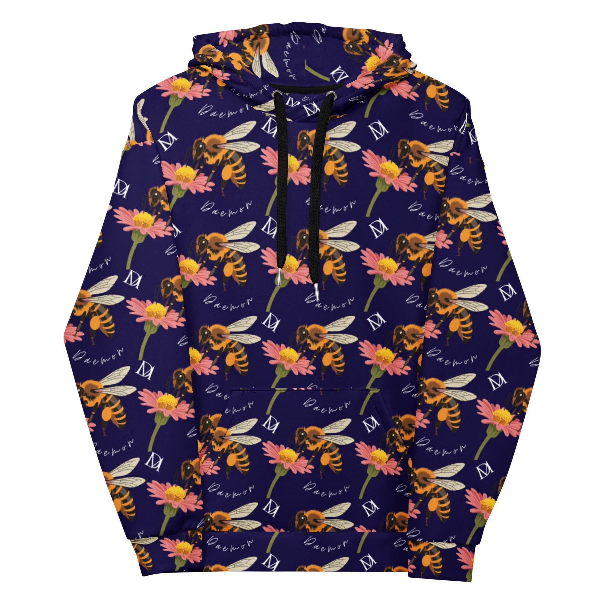 Daemon Luxury Honeybee Shores Gardena Oceanic unisex hoodie with all-over white recycled print front view