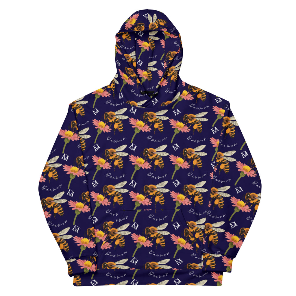 Daemon Luxury Honeybee Shores Gardena Oceanic unisex recycled hoodie with all-over white print and hood, front view.