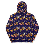 Daemon Luxury Honeybee Shores Gardena Oceanic unisex recycled hoodie with all-over white print and hood, front view.