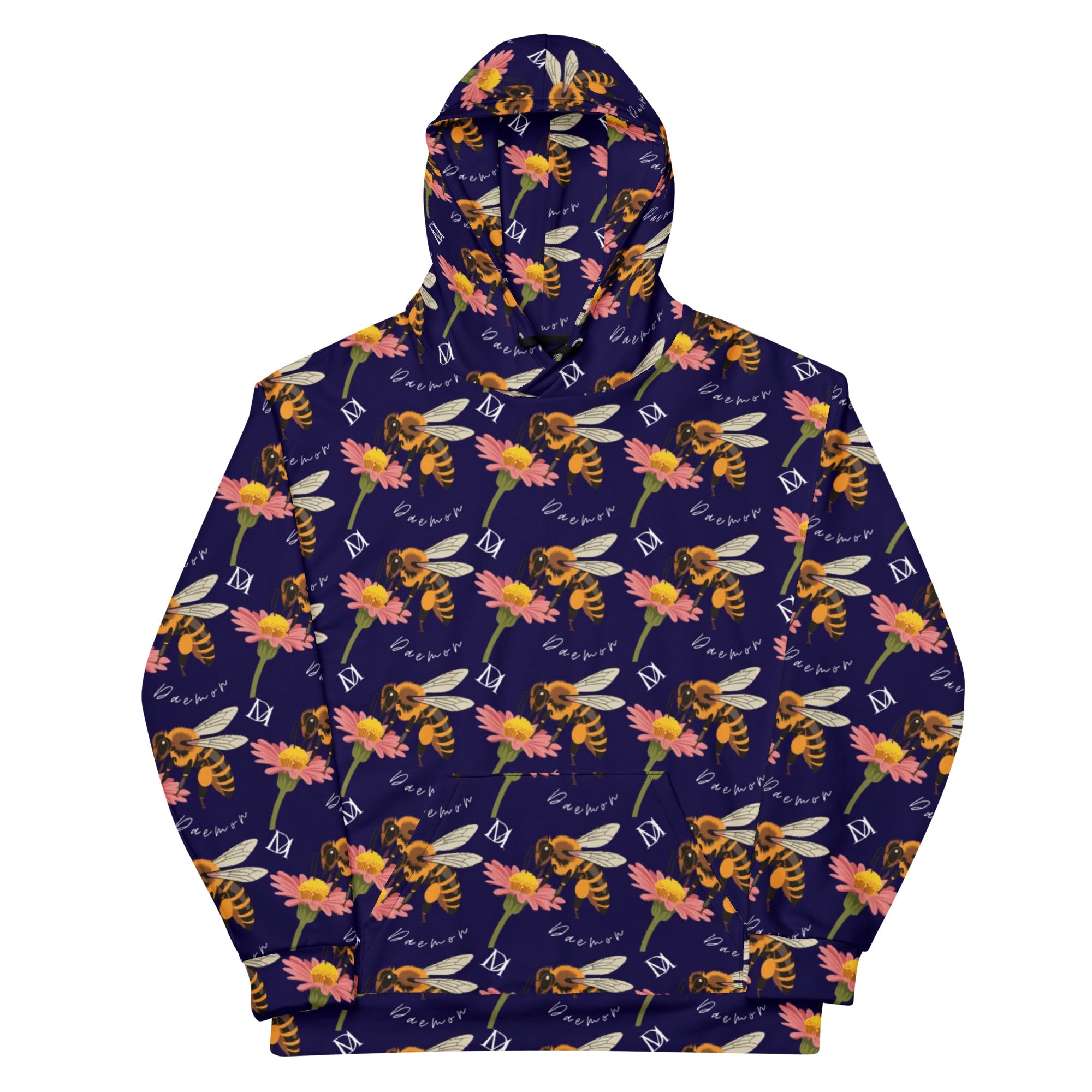 Daemon Luxury Honeybee Shores Gardena Oceanic unisex recycled hoodie with all-over white print and hood, front view.