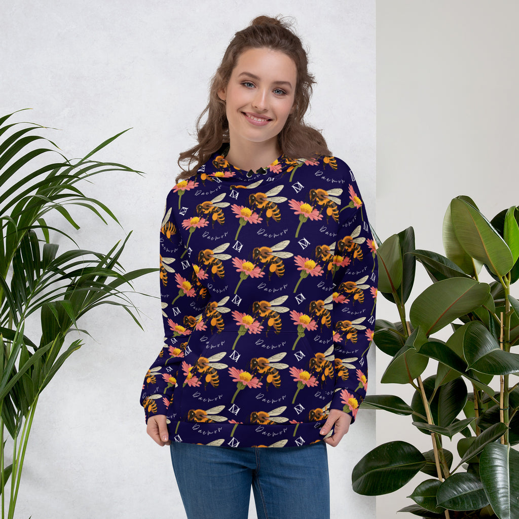 Daemon Luxury Honeybee Shores Gardena Oceanic unisex hoodie with all-over ocean-inspired print, white background, front view