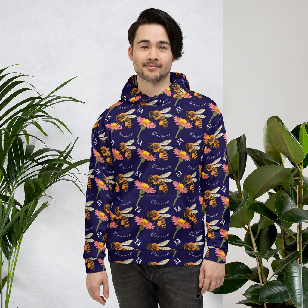 Daemon Luxury Honeybee Shores Gardena Oceanic unisex hoodie with all-over white ocean-themed print and hood.