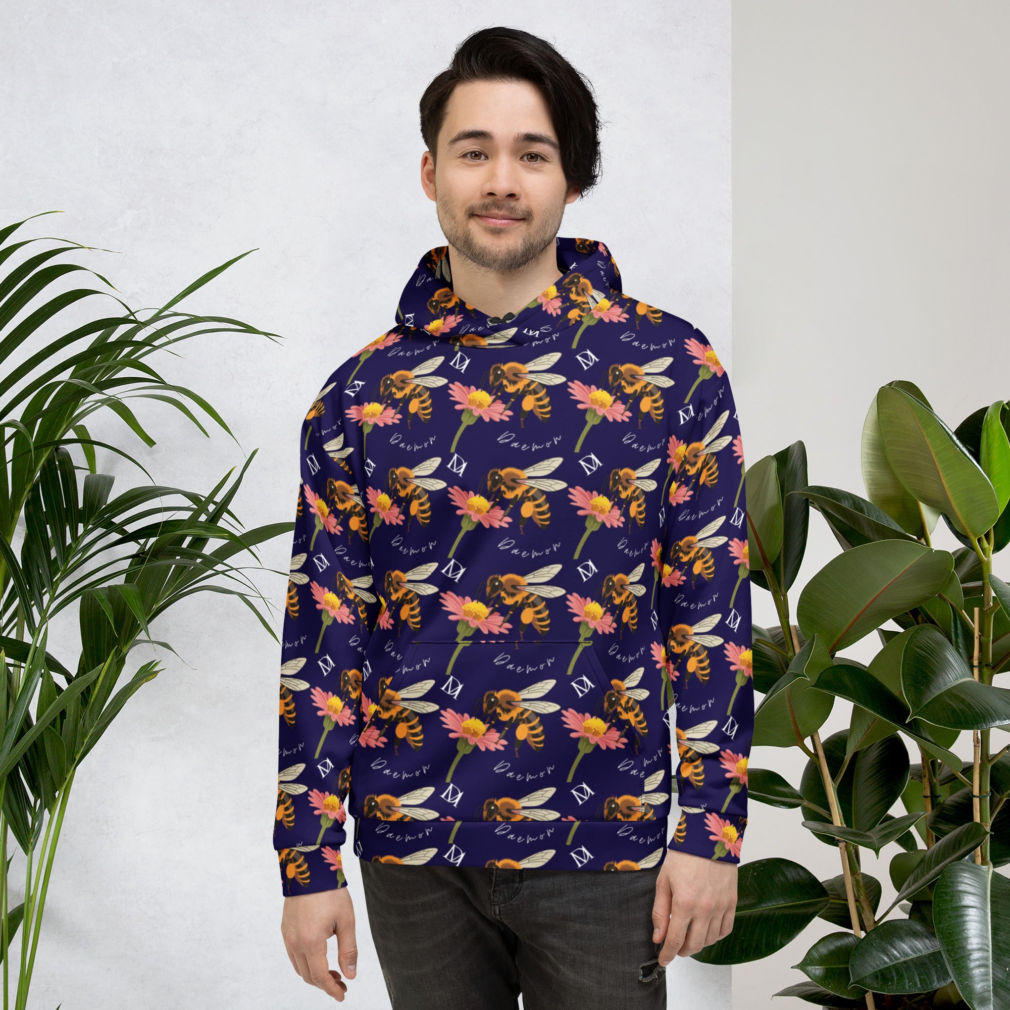 Daemon Luxury Honeybee Shores Gardena Oceanic unisex hoodie with all-over white ocean-themed print and hood.