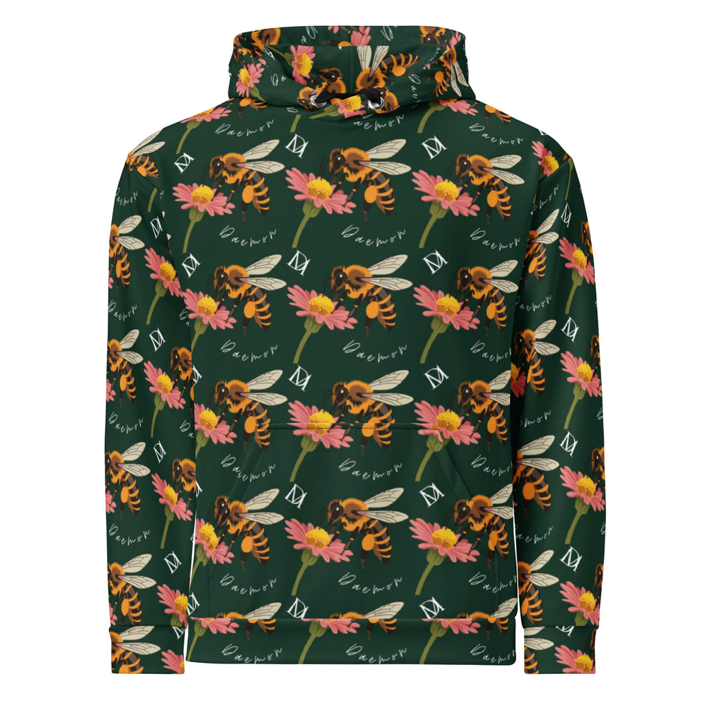 Daemon Luxury Honeybee Shores Gardena Dim unisex hoodie with all-over-print recycled fabric and white front design.