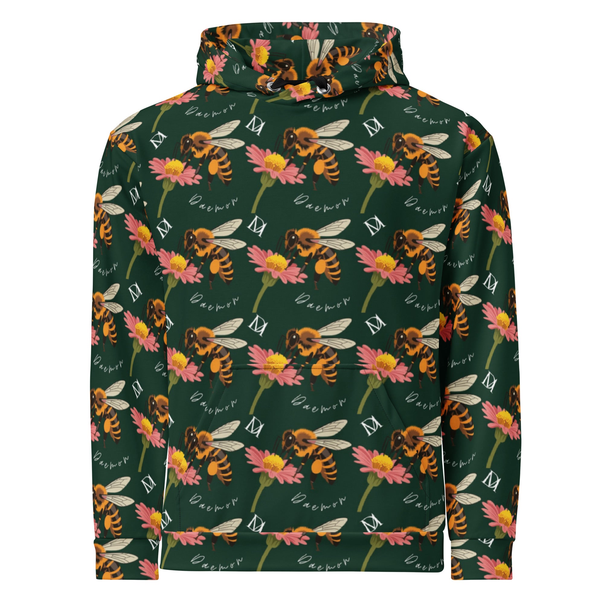 Daemon Luxury Honeybee Shores Gardena Dim unisex hoodie with all-over-print recycled fabric and white front design.