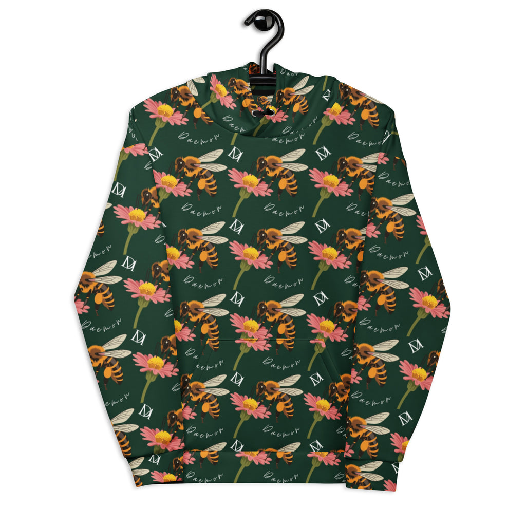 Daemon Luxury Honeybee Shores Gardena Dim unisex hoodie with all-over white print, featuring a cozy hood and recycled fabric.
