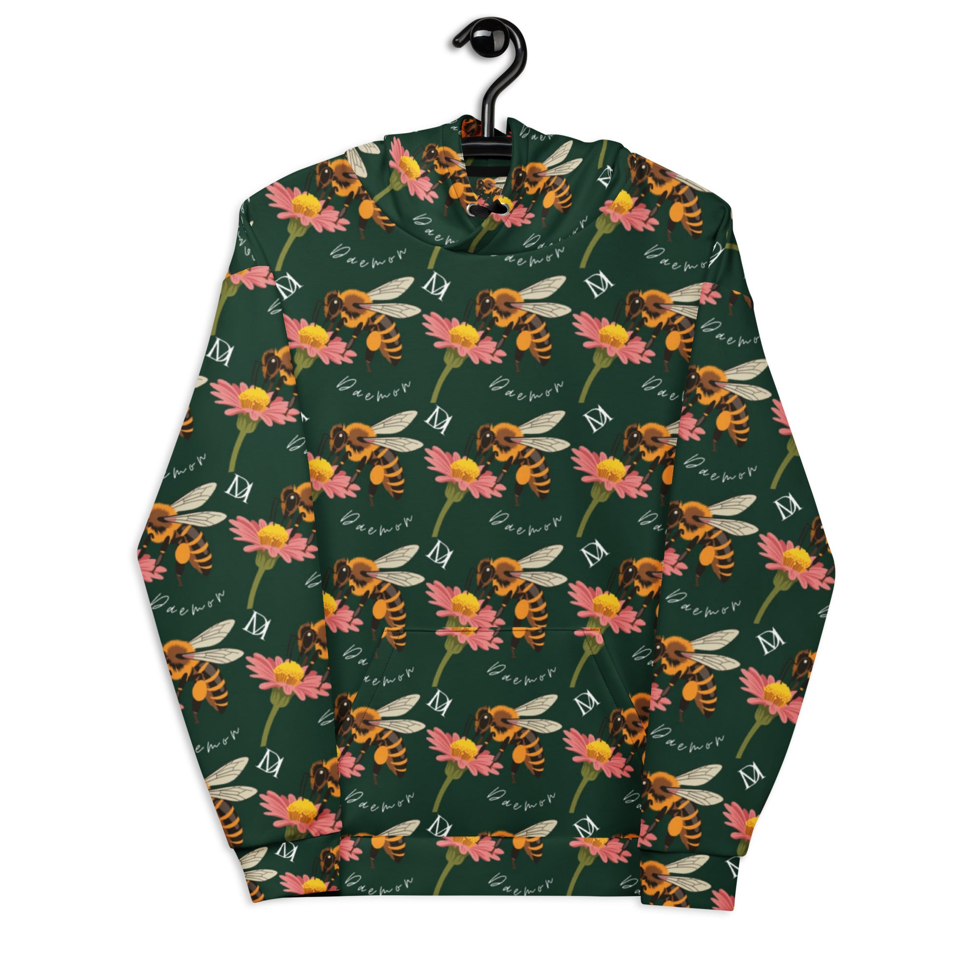 Daemon Luxury Honeybee Shores Gardena Dim unisex hoodie with all-over white print, featuring a cozy hood and recycled fabric.