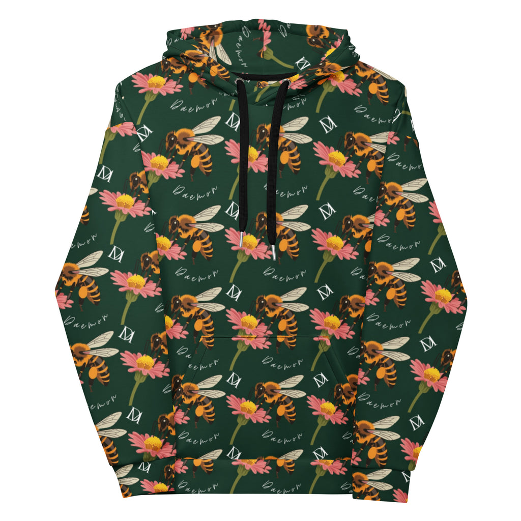 Daemon Luxury Honeybee Shores Gardena Dim unisex hoodie with all-over print on white recycled fabric front view