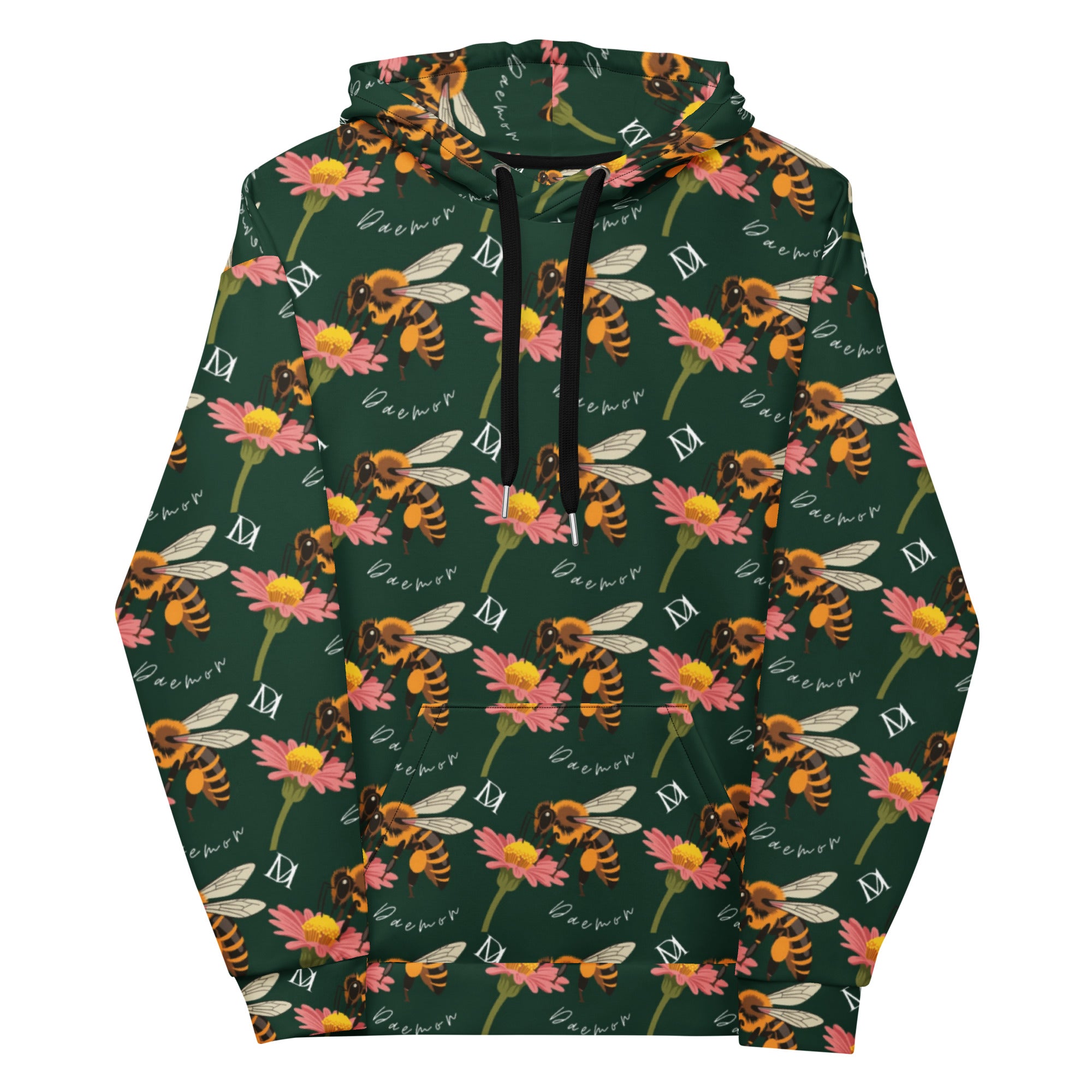 Daemon Luxury Honeybee Shores Gardena Dim unisex hoodie with all-over print on white recycled fabric front view