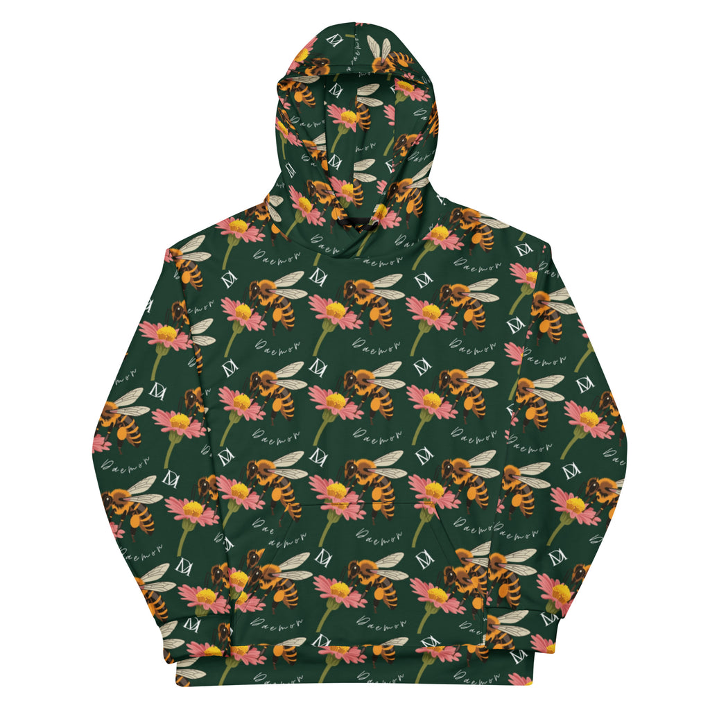 Daemon Luxury Honeybee Shores Gardena Dim unisex hoodie with white all-over print and hood, made from recycled materials.