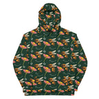 Daemon Luxury Honeybee Shores Gardena Dim unisex hoodie with white all-over print and hood, made from recycled materials.