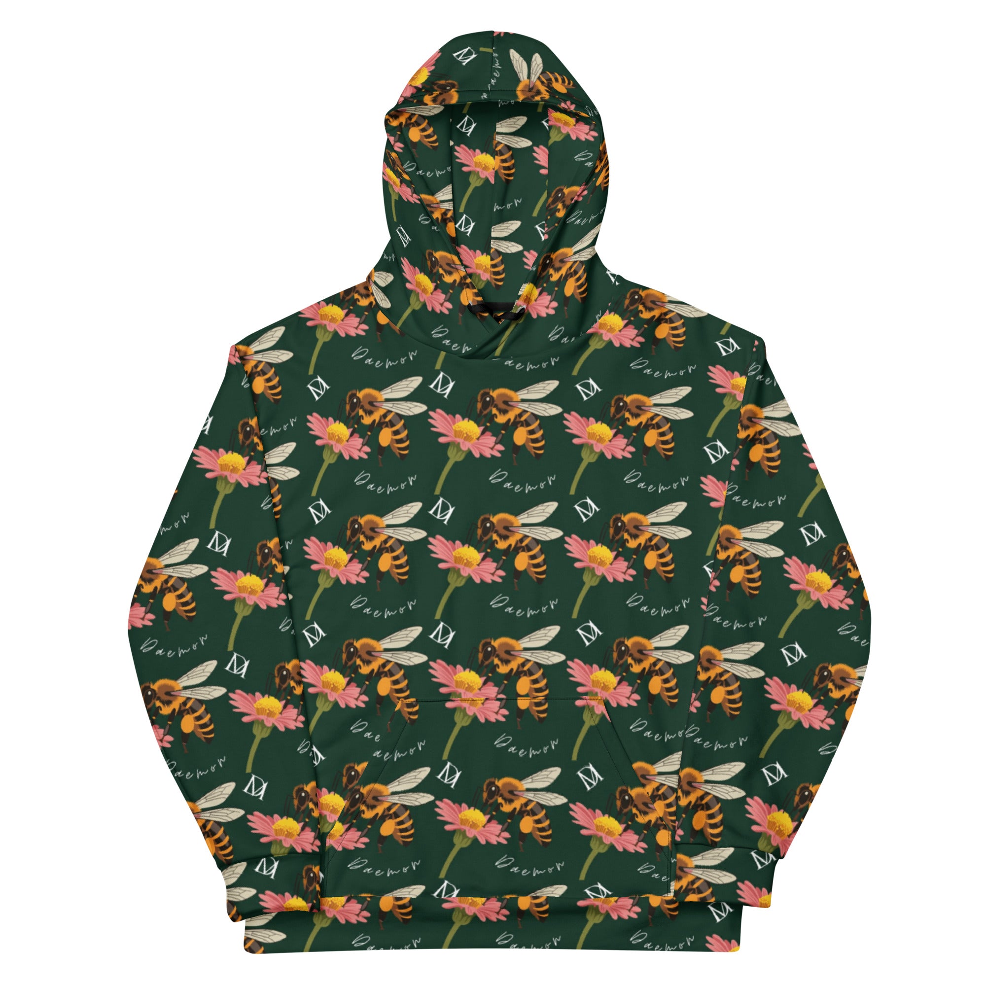 Daemon Luxury Honeybee Shores Gardena Dim unisex hoodie with white all-over print and hood, made from recycled materials.