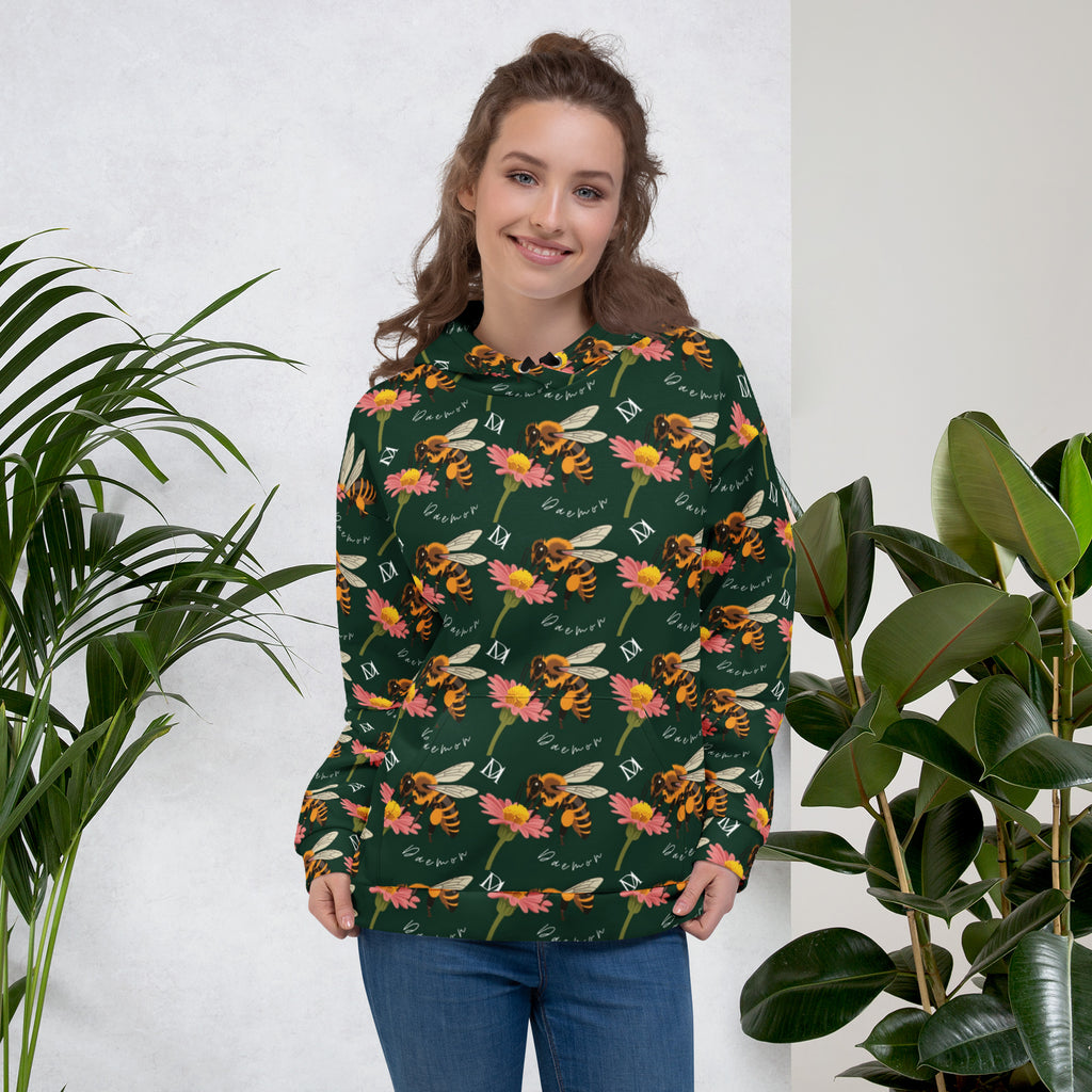 Daemon Luxury Honeybee Shores Gardena Dim unisex recycled hoodie with all-over white print and hood, casual and eco-friendly style.
