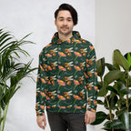 Recycled white unisex hoodie with all-over honeybee shores print by Daemon Luxury featuring a hood and front design.