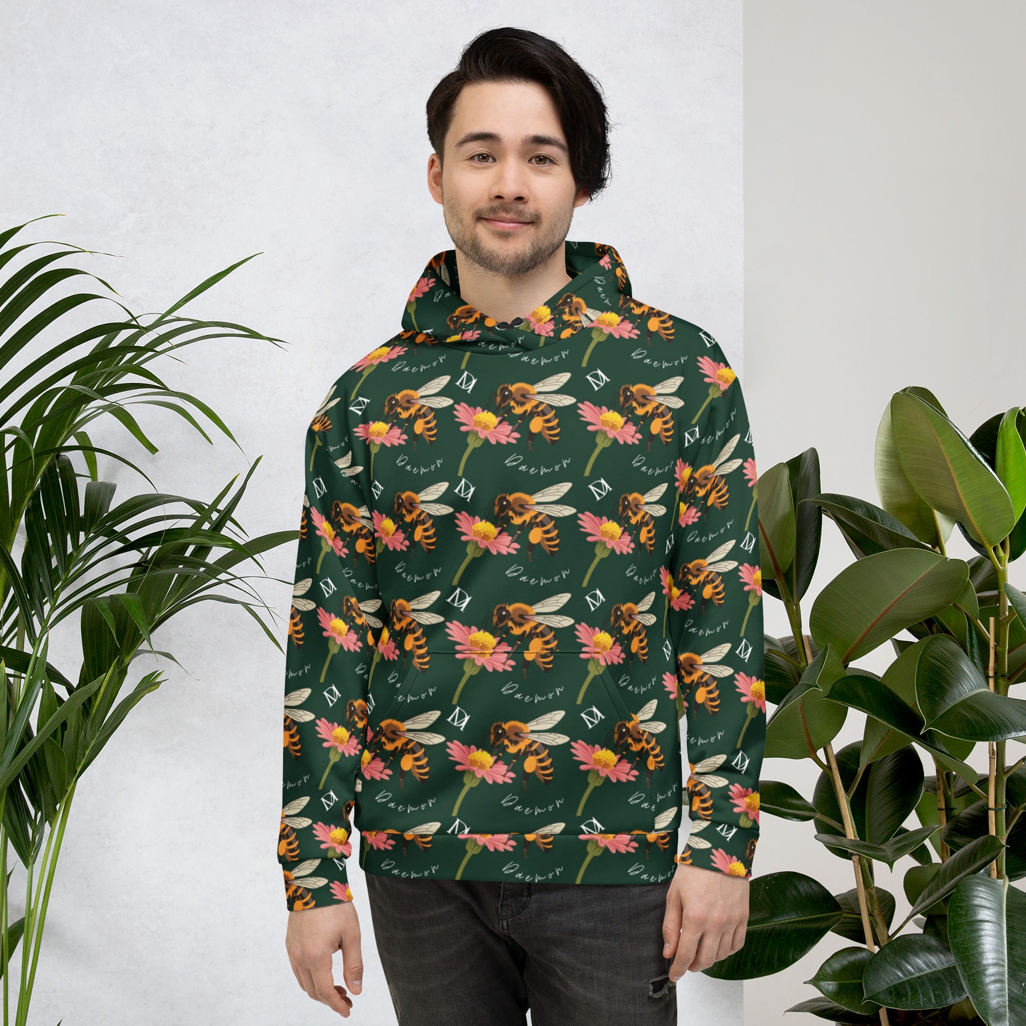 Recycled white unisex hoodie with all-over honeybee shores print by Daemon Luxury featuring a hood and front design.