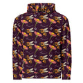 Recycled white unisex hoodie with all-over honeybee shores dusk print by Daemon Luxury, featuring a front view and hood.
