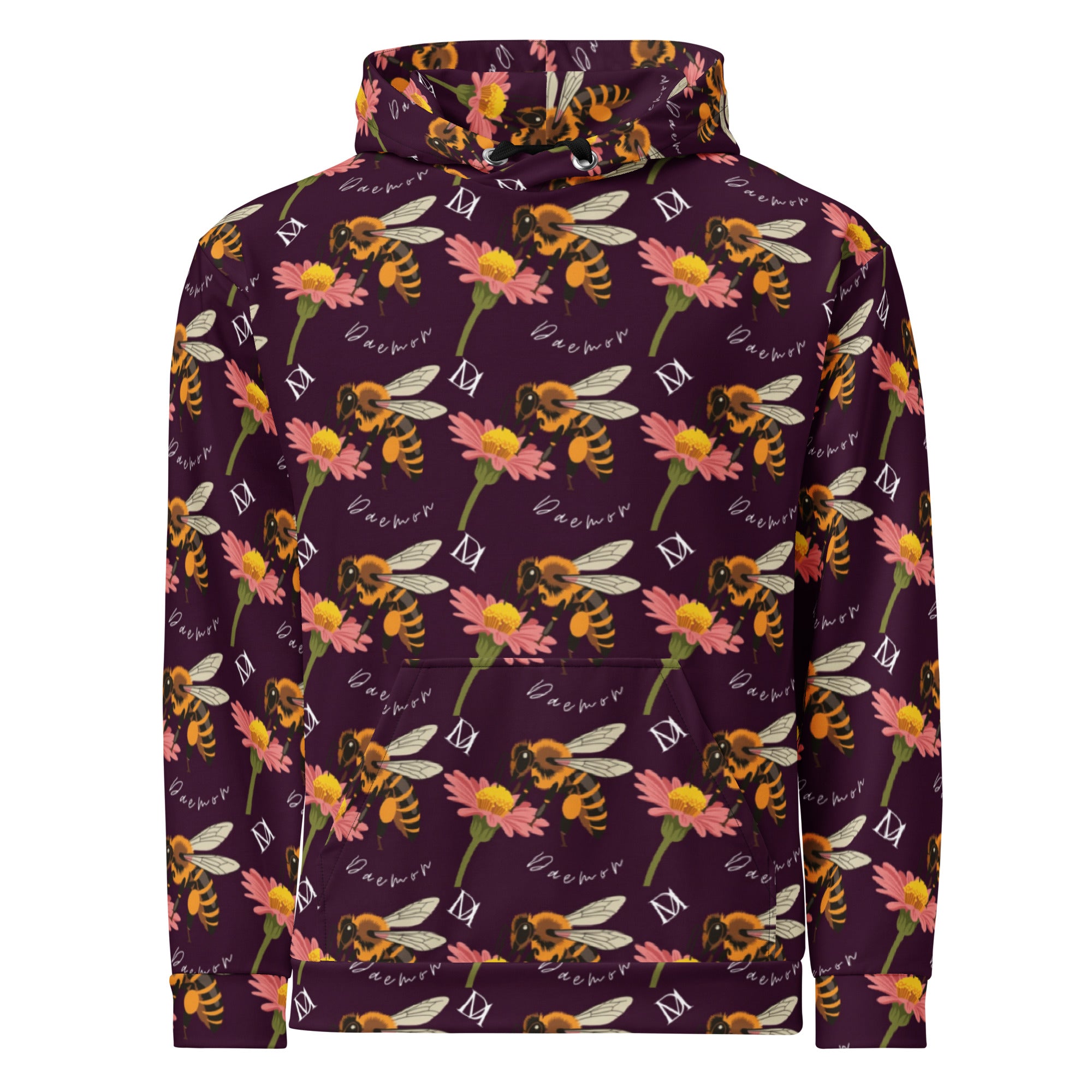 Recycled white unisex hoodie with all-over honeybee shores dusk print by Daemon Luxury, featuring a front view and hood.