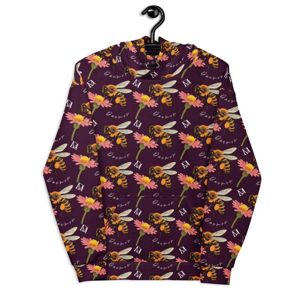Unisex white hoodie with all-over Honeybee Shores (Gardena Dusk) print by Daemon Luxury, featuring a front view and hood.