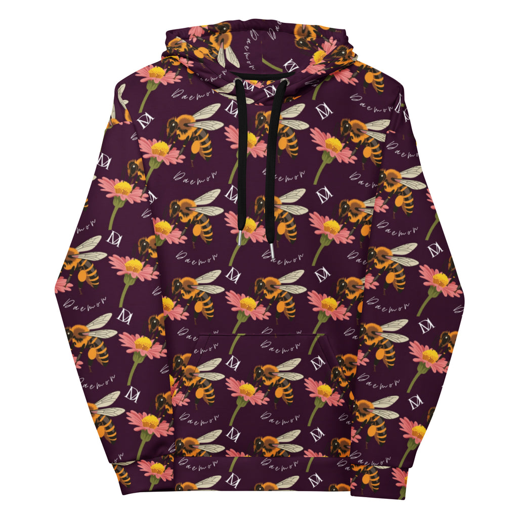 White unisex hoodie with all-over honeybee shores dusk print, featuring a hood and front design by Daemon Luxury.