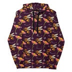 White unisex hoodie with all-over honeybee shores dusk print, featuring a hood and front design by Daemon Luxury.