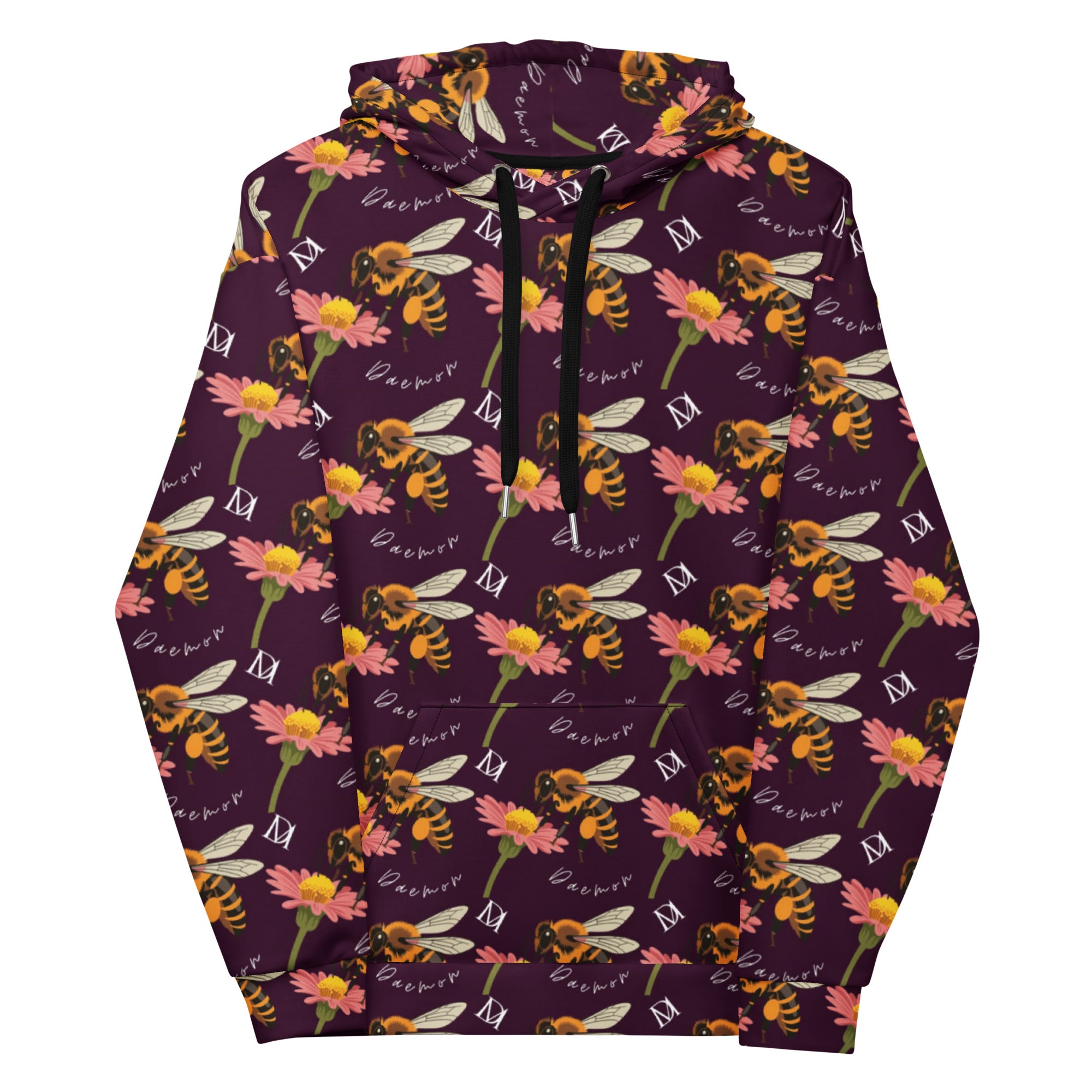 White unisex hoodie with all-over honeybee shores dusk print, featuring a hood and front design by Daemon Luxury.