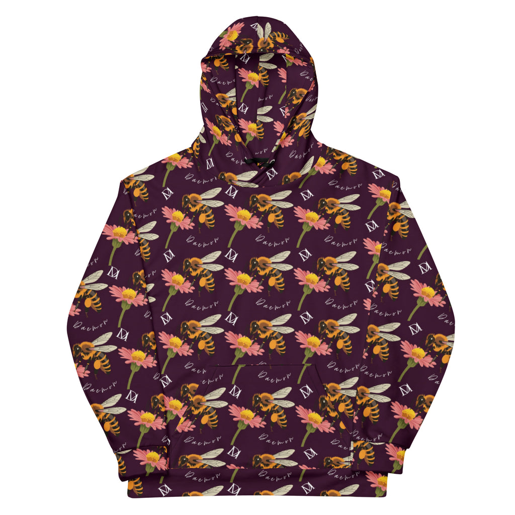 Daemon Luxury Honeybee Shores Gardena Dusk unisex hoodie with all-over print, recycled fabric, white front design.