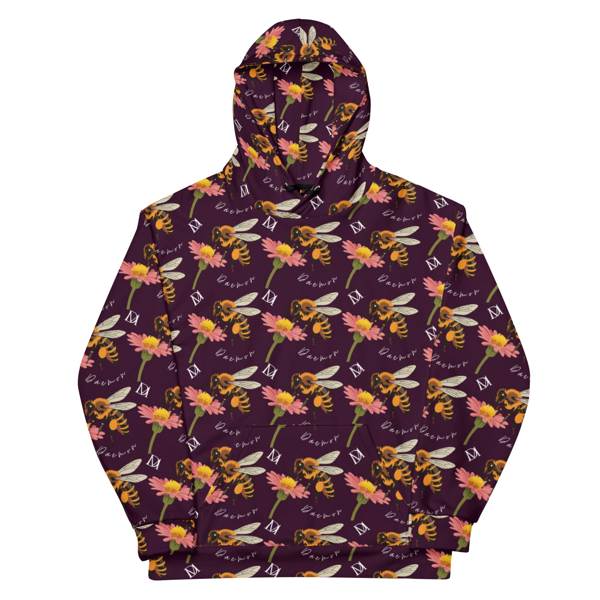 Daemon Luxury Honeybee Shores Gardena Dusk unisex hoodie with all-over print, recycled fabric, white front design.