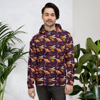 Daemon Luxury Honeybee Shores Gardena Dusk unisex hoodie with all-over white print, featuring a cozy hood and recycled fabric.