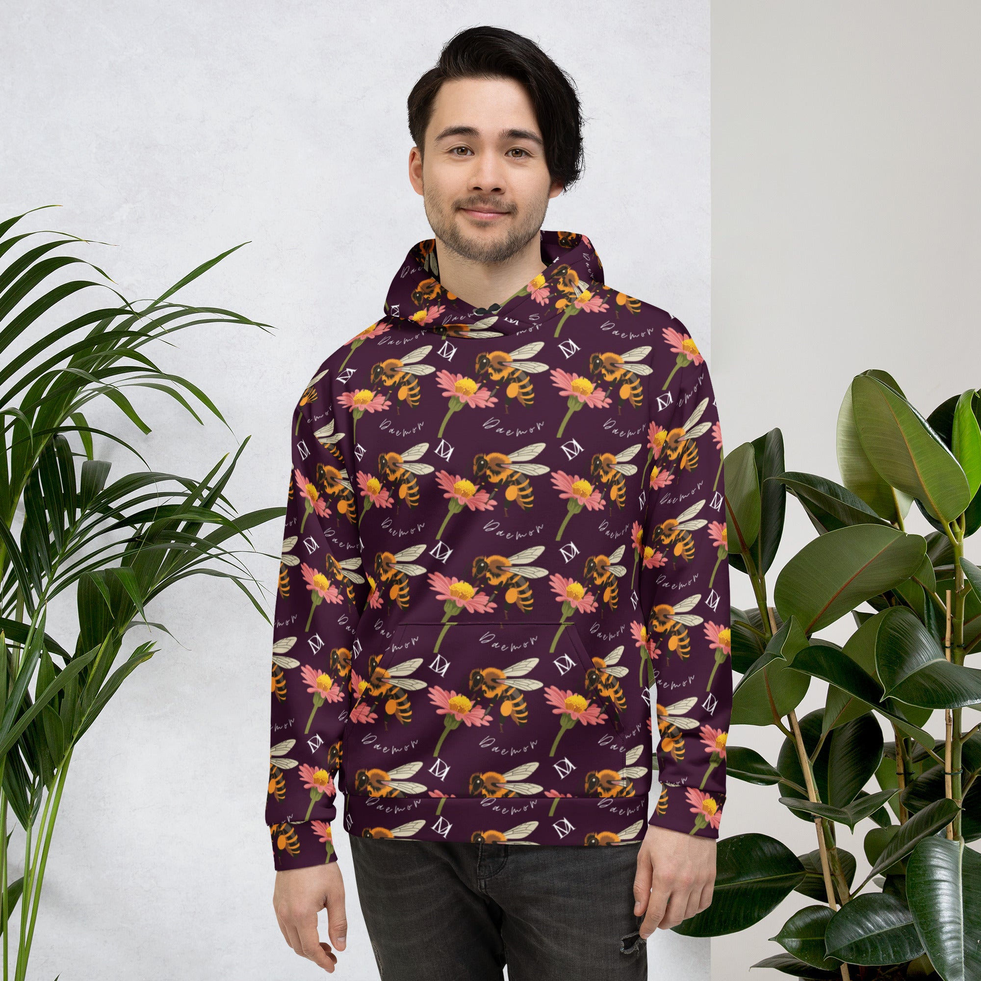 Daemon Luxury Honeybee Shores Gardena Dusk unisex hoodie with all-over white print, featuring a cozy hood and recycled fabric.